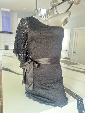 One-Shoulder Black Lace Dress with Satin Waist Tie